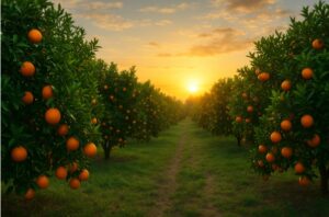 Sargodha Kinnow orchard at sunrise with ripe citrus fruit